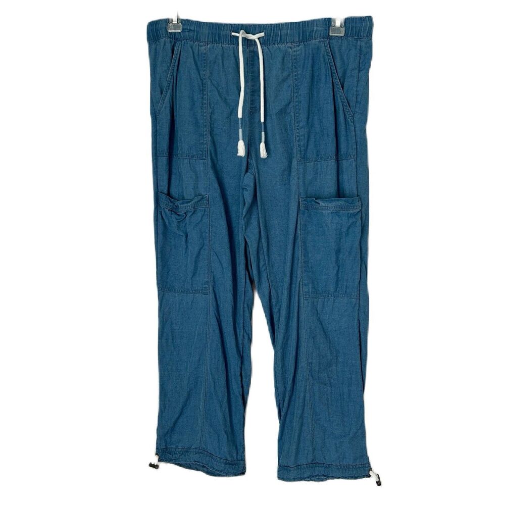 Nicole Miller Pants Women L Chambray Denim Pullon Pockets Jogger Casual Weekend